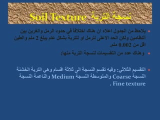 
‫بين‬ ‫والغرين‬ ‫الرمل‬ ‫حدود‬ ‫في‬ ً‫ا‬‫اختالف‬ ‫هناك‬ ‫ان‬ ‫اعاله‬ ‫الجدول‬ ‫من‬ ‫يالحظ‬
‫يبلغ‬ ‫عام‬ ‫بشكل‬ ‫للتربة‬ ‫او‬ ‫للرمل‬ ‫االعلى‬ ‫الحد‬ ‫ولكن‬ ‫ألنظامين‬
2
‫والطين‬ ‫ملم‬
‫من‬ ‫اقل‬
0.002
‫ملم‬
.

‫منها‬ ‫التربة‬ ‫لنسجة‬ ‫التقسيمات‬ ‫من‬ ‫عدد‬ ‫وهناك‬
:

‫الثالثي‬ ‫التقسيم‬
:
‫الترب‬ ‫وهي‬ ‫اقسام‬ ‫ثالثة‬ ‫الى‬ ‫النسجة‬ ‫تقسم‬ ‫وفيه‬
‫الخشنة‬ ‫ة‬
‫النسجة‬
Coarse
‫النسجة‬ ‫والمتوسطة‬
Medium
‫النسجة‬ ‫والناعمة‬
Fine texture
.
 