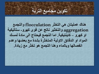 ‫التخثر‬ ‫هي‬ ‫عمليتان‬ ‫هناك‬
flocculation
‫والتجمع‬
aggregation
‫كهرو‬ ‫قوى‬ ‫عن‬ ‫ناتج‬ ‫والتخثير‬
-
‫ستاتيك‬
‫ية‬
‫كهرو‬ ‫او‬
–
‫كاينتيكية‬
.
‫لمسك‬ ‫مادة‬ ‫الى‬ ‫فيحتاج‬ ‫التجمع‬ ‫اما‬
‫وعدم‬ ‫بعضها‬ ‫مع‬ ‫بشدة‬ ‫المتخثرة‬ ‫االولية‬ ‫الدقائق‬ ‫او‬ ‫المواد‬
‫زيادة‬ ‫مع‬ ‫تخثر‬ ‫هو‬ ‫التجمع‬ ‫وهنا‬ ‫وبالماء‬ ‫انفصالها‬
.
 