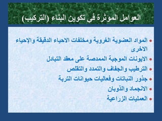 
‫واإلح‬ ‫الدقيقة‬ ‫االحياء‬ ‫ومخلفات‬ ‫الغروية‬ ‫العضوية‬ ‫المواد‬
‫ياء‬
‫االخرى‬

‫التبادل‬ ‫معقد‬ ‫على‬ ‫الممدصة‬ ‫الموجبة‬ ‫االيونات‬

‫والتقلص‬ ‫والتمدد‬ ‫والجفاف‬ ‫الترطيب‬

‫التربة‬ ‫حيوانات‬ ‫وفعاليات‬ ‫النباتات‬ ‫جذور‬

‫والذوبان‬ ‫االنجماد‬

‫الزراعية‬ ‫العمليات‬
 