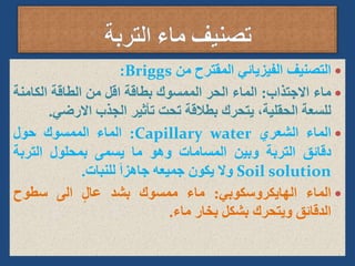 
‫التصنيف‬
‫الفيزيائي‬
‫المقترح‬
‫من‬
Briggs
:

‫ماء‬
‫االجتذاب‬
:
‫الماء‬
‫الحر‬
‫الممسوك‬
‫بطاقة‬
‫اقل‬
‫من‬
‫الطاقة‬
‫الكامن‬
‫ة‬
‫للسعة‬
،‫الحقلية‬
‫يتحرك‬
‫بطالقة‬
‫تحت‬
‫تأثير‬
‫الجذب‬
‫االرض‬
‫ي‬
.

‫الماء‬
‫الشعري‬
Capillary water
:
‫الماء‬
‫الممسوك‬
‫حول‬
‫دقائق‬
‫التربة‬
‫وبين‬
‫المسامات‬
‫وهو‬
‫ما‬
‫يسمى‬
‫بمحلول‬
‫التربة‬
Soil solution
‫وال‬
‫يكون‬
‫جميعه‬
َ‫ا‬‫جاهز‬
‫للنبات‬
.

‫الماء‬
‫الهايكروسكوبي‬
:
‫ماء‬
‫ممسوك‬
‫بشد‬
‫عال‬
‫الى‬
‫سطوح‬
‫الدقائق‬
‫ويتحرك‬
‫بشكل‬
‫بخار‬
‫ماء‬
.
 