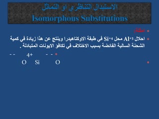 
‫امثلة‬
:

‫احالل‬
Al+3
‫محل‬
Si+4
‫كم‬ ‫في‬ ‫زيادة‬ ‫هذا‬ ‫عن‬ ‫وينتج‬ ‫االوكتاهيدرا‬ ‫طبقة‬ ‫في‬
‫ية‬
‫الم‬ ‫االيونات‬ ‫تكافؤ‬ ‫في‬ ‫االختالف‬ ‫بسبب‬ ‫الفائضة‬ ‫السالبة‬ ‫الشحنة‬
‫تبادلة‬
.

- - 4+ - -

O Si O
 