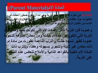 ‫االم‬ ‫المادة‬
(
Parent Material
)
‫االم‬ ‫المادة‬
‫في‬ ‫تحللت‬ َ‫ا‬‫صخور‬ ‫تكون‬ ‫ان‬ ‫اما‬ ‫وهي‬ ‫التربة‬ ‫منه‬ ‫تتكون‬ ‫الذي‬ ‫الجزء‬ ‫هي‬
‫اخر‬ ‫مكان‬ ‫في‬ ‫وتربت‬ ‫الماء‬ ‫او‬ ‫بالرياح‬ ‫انتقلت‬ ‫مواد‬ ‫او‬ ‫مكانها‬
.
‫والشكل‬
(
1
)
‫يوضح‬ ‫التالي‬
‫م‬ ‫في‬ ‫وتجمعت‬ ‫للرمال‬ ‫بالهواء‬ ‫النقل‬ ‫من‬ َ‫ا‬‫نوع‬ ‫تمثل‬ ‫الرملية‬ ‫الكثبان‬ ‫من‬ َ‫ا‬‫اكداس‬
‫آخر‬ ‫كان‬
.
‫وم‬ ‫منها‬ ‫تكونت‬ ‫التي‬ ‫االم‬ ‫بالمادة‬ ‫تتأثر‬ ‫التربة‬ ‫فان‬ َ‫ا‬‫وعموم‬
‫ذلك‬ ‫ثال‬
‫للتج‬ ‫مقاومة‬ ‫معادن‬ ‫ومن‬ ‫خشنة‬ ‫ام‬ ‫مادة‬ ‫من‬ ‫تتكون‬ ‫التي‬ ‫التربة‬
‫وية‬
‫خشنة‬ ‫نسجه‬ ‫تظهر‬ َ‫ا‬‫عموم‬
.
‫ام‬ ‫مادة‬ ‫من‬ ‫تطورت‬ ‫الناعمة‬ ‫والترب‬
‫ذات‬ ‫والترب‬ ،‫وهكذا‬ ‫بسهوله‬ ‫وتتجوى‬ ‫ثابتة‬ ‫غير‬ ‫معادن‬ ‫ذات‬
‫الص‬ ‫هذه‬ ‫تنعكس‬ ‫واألمالح‬ ‫الذائبة‬ ‫بالقواعد‬ ‫الغنية‬ ‫االم‬ ‫المادة‬
‫فات‬
‫التربة‬ ‫على‬
.
 