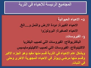 
2
-
‫الحيوانية‬ ‫االحياء‬
:

‫الكبيرة‬ ‫االحياء‬
:
‫و‬ ‫والنمل‬ ‫االرض‬ ‫دودة‬
....
‫الخ‬
.

‫الصغيرة‬ ‫االحياء‬
:
‫البروتوزوا‬

3
-
‫الفيروسات‬
:

‫الباكتريوفاج‬
:
‫البكتريا‬ ‫تصيب‬ ‫التي‬ ‫الفيروسات‬

‫االكتينوفاج‬
:
‫االكيتينومايسي‬ ‫تصيب‬ ‫التي‬ ‫الفيروسات‬
‫س‬

‫اال‬ ‫الجزء‬ ‫وهو‬ ‫مفيد‬ ‫منها‬ ‫قسم‬ ‫التربة‬ ‫في‬ ‫االحياء‬ ‫عام‬ ‫وبشكل‬
‫كبر‬
‫وحتى‬ ‫االخرى‬ ‫المجهرية‬ ‫االحياء‬ ‫في‬ ‫ويؤثر‬ ‫مرضي‬ ‫منها‬ ‫وقسم‬
‫النبات‬ ‫في‬
.
 