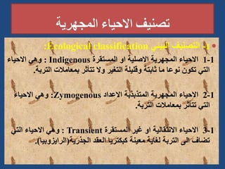 
1
-
‫البيئي‬ ‫التصنيف‬
Ecological classification
:
1
-
1
‫المستقرة‬ ‫او‬ ‫االصلية‬ ‫المجهرية‬ ‫االحياء‬
Indigenous
:
‫االحياء‬ ‫وهي‬
‫التر‬ ‫بمعامالت‬ ‫تتأثر‬ ‫وال‬ ‫التغير‬ ‫وقليلة‬ ‫ثابتة‬ ‫ما‬ ‫نوعا‬ ‫تكون‬ ‫التي‬
‫بة‬
.
1
-
2
‫االعداد‬ ‫المتذبذبة‬ ‫المجهرية‬ ‫االحياء‬
Zymogenous
:
‫االحياء‬ ‫وهي‬
‫التربة‬ ‫بمعامالت‬ ‫تتأثر‬ ‫التي‬
.
1
-
3
‫المستقرة‬ ‫غير‬ ‫او‬ ‫االنتقالية‬ ‫االحياء‬
Transient
:
‫التي‬ ‫االحياء‬ ‫وهي‬
‫الجذرية‬ ‫العقد‬ ‫كبكتريا‬ ‫معينة‬ ‫لغاية‬ ‫التربة‬ ‫الى‬ ‫تضاف‬
(
‫الرايزوبي‬
‫ا‬
.)
 