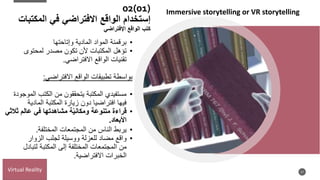 02(01)
‫المكتبات‬ ‫في‬ ‫االفتراضي‬ ‫الواقع‬ ‫إستخدام‬
‫اإلفتراضي‬ ‫الواقع‬ ‫كتب‬
17
•
‫المادية‬ ‫المواد‬ ‫برقمنة‬
‫وإتاحتها‬
•
‫تؤهل‬
‫لمحتوى‬ ‫مصدر‬ ‫تكون‬ ‫ألن‬ ‫المكتبات‬
‫تقنيات‬
‫الواقع‬
‫االفتراضي‬
.
‫الواقع‬ ‫تطبيقات‬ ‫بواسطة‬
‫االفتراضي‬
:
•
‫الم‬ ‫الكتب‬ ‫من‬ ‫يتحققون‬ ‫المكتبة‬ ‫مستفيدي‬
‫وجودة‬
‫المكتبة‬ ‫زيارة‬ ‫دون‬ ‫افتراضيا‬ ‫فيها‬
‫المادية‬
•
‫متنوعة‬ ‫قراءة‬
‫مشاهدتها‬ ‫ة‬ّ‫ي‬‫ومكان‬
‫ثال‬ ‫عالم‬ ‫في‬
‫ثي‬
‫األبعاد‬
.
•
‫يربط‬
‫المجتمعات‬ ‫من‬ ‫الناس‬
‫المختلفة‬
.
•
‫مضاد‬ ‫واقع‬
‫لجلب‬ ‫ووسيلة‬ ‫للعزلة‬
‫الزوار‬
‫من‬
‫المكتبة‬ ‫إلى‬ ‫المختلفة‬ ‫المجتمعات‬
‫لتبادل‬
‫الخبرات‬
‫االفتراضية‬
.
Virtual Reality
Immersive storytelling or VR storytelling
 