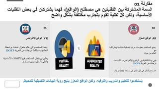 ‫مقارنة‬
01
‫مصطلح‬ ‫هي‬ ‫التقنيتين‬ ‫بين‬ ‫المشتركة‬ ‫السمة‬
(
‫الواقع‬
)
،
‫بعض‬ ‫في‬ ‫يشتركان‬ ‫فهما‬
‫التقنيات‬
‫األساسية‬
‫بشكل‬ ‫مختلفة‬ ‫بتجارب‬ ‫تقوم‬ ‫تقنية‬ ّ‫ل‬‫ك‬ ‫ولكن‬ ،
‫واضح‬
‫بواس‬ ً،‫تماما‬ ‫منعزل‬ ‫عالم‬ ‫إلى‬ ‫المستخدم‬ ‫يأخذ‬
‫طة‬
‫الحرية‬ ‫من‬ ‫درجات‬ ‫بثالث‬ ،‫الحاسوب‬
DOF3
‫الللتفاتات‬ ‫فيها‬ ‫المستخدم‬ ‫ينظر‬ ‫أن‬ ‫يمكن‬
‫األساسية‬
)
‫يسار‬ ،‫يمين‬ ،‫أسفل‬ ،‫أعلى‬
(
.
7
‫وم‬ ‫متناسقة‬ ‫إضافية‬ ‫مرئية‬ ‫معلومات‬ ‫المستخدم‬ ‫يمنح‬
‫تراكبة‬
‫مع‬
‫العالم‬
‫حوله‬ ‫من‬
‫الواقع‬ ‫بين‬ ‫تكاملية‬ ‫بيئة‬ ‫فهي‬
‫واإللفتراض‬
‫وذلك‬ ،
‫بست‬
‫الحرية‬ ‫من‬ ‫درجات‬
DOF6
‫مساحة‬ ‫في‬ ‫مكان‬ ‫كل‬ ‫في‬ ‫بالنظر‬ ‫فتسمح‬
360
‫درجة‬
.
VR
‫الواقع‬
‫اإلفتراضي‬ AR
‫الواقع‬
‫المعزز‬
02
01
‫ستخدموا‬ُ‫ي‬
‫والتدريب‬ ‫للتعليم‬
‫ولكن‬ ،‫والترفيه‬
‫التكم‬ ‫البيانات‬ ‫رؤية‬ ‫يتيح‬ ‫المعزز‬ ‫الواقع‬
‫للمحيط‬ ‫يلية‬
.
 