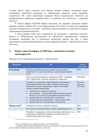 43
У цьому Пакеті серед ключових змін Бойцун називав надання наглядовим радам
повноважень призначати керівників та затверджувати фінансові плани державних
підприємств. Він також пропонував створення Фонду національного багатства для
централізованого управління підприємствами та активами, що залишаться у державній
власності.
В Аналізі реформ SAGSUR Бойцун наполягав, що державне володіння кожним
окремим активом повинно бути чітко обґрунтованим. Це означає не лише опис напрямків
діяльності підприємства, а й головне – пояснення, чому ця діяльність не може або не повинна
здійснюватися приватним бізнесом.
У Плані реформ CASE щодо підприємств, які залишаться у державній власності,
Бойцун та Яблоновський наголошували на необхідності корпоратизації, створенні
незалежних наглядових рад та повноцінної екосистеми навколо цих рад, а також
пропонували створення централізованого органу державної власності – Фонду національного
багатства.
3. Нарис стратегії реформ до 2030 року, концепції ключових
законопроєктів
Наведемо синтез запропонованих рішень у таблиці нижче.
Напрямки Дії Термін
виконання
Комунікація Показати успішний приклад прозорої та справедливої
приватизації – хоча би одна велика, знакова приватизаційна
угода.
2024
Показати успішний приклад міжнародного IPO – принаймні
одне з найбільших, знакових державних підприємств.
2024-2026
Розробити та впровадити комунікаційний план реформи із
залученням органів влади, ЗМІ, експертів, громадських
організацій та інших зацікавлених сторін із ключовими
повідомленнями/напрямками:
 домінантність приватної власності;
 роль держави – у забезпеченні роботи ринків (умов для
бізнесу), а не в участі на цих ринках (веденні бізнесу);
 приватизація як спосіб боротьби з корупцією;
 успішні приклади приватизації – малої, великої, IPO;
 переваги якісного корпоративного управління.
Постійно
протягом
2023-2026
Приватизація16
Затвердити політику державної власності. 2024
На основі цієї політики зробити «тріаж» держпідприємств17
. 2024
Розробити та впровадити ключові показники ефективності для
чиновників та керівників державних підприємств щодо
приватизації (деталі див. нижче).
2024
16
Як для підприємств на державному рівні, так й на місцевому.
17
Потрібен жорсткий централізований «тріаж», без можливості впливу поточних органів власності, які
мають конфлікт інтересів та прагнуть зберегти статус-кво.
 