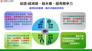 20
結語-越減碳、越永續、越有競爭力
淨零排放已是全球趨勢，對貿
易協定、減碳機制與企業全球
供應鏈管理均已帶來影響，台
灣已公布2050淨零排放路徑及
關鍵十二項戰略，跨部會合作
積極回應。
中小企業如果有足夠的知
識與資訊，並引進資源協
助，應可冷靜以對，克服
淨零排放所帶來的挑戰。
因應淨零排放的長遠目標，
須從「能源轉型、產業轉
型、生活轉型、社會轉型」
等全方位努力，大家齊心
努力一同完成。
中小企業可透過數位工具、
知識傳遞與諮詢診斷、綠
色金融等措施，協助中小
企業提升綠色競爭力。
國際
趨勢
因應
措施
輔導
措施
長遠
目標
善用政府資源，攜手共創美好將來
 