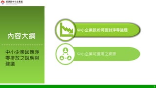 3
中小企業因應淨
零排放之說明與
建議
內容大綱
中小企業該如何面對淨零議題
中小企業可運用之資源
 