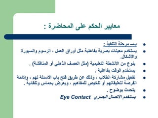 ‫المحاضرة‬ ‫على‬ ‫الحكم‬ ‫معايير‬
:

‫ب‬
–
‫التنفيذ‬ ‫مرحلة‬
:

‫والس‬ ‫الرسوم‬ ، ‫العمل‬ ‫أوراق‬ ‫مثل‬ ‫بفاعلية‬ ‫بصرية‬ ‫معينات‬ ‫يستخدم‬
‫بورة‬
‫واألشكال‬
.

‫التعليمية‬ ‫األنشطة‬ ‫من‬ ‫ينوع‬
(
‫المناقشة‬ ‫أو‬ ‫الذهني‬ ‫العصف‬ ‫مثل‬
. )

‫بفاعلية‬ ‫الوقت‬ ‫يستخدم‬
.

‫و‬ ، ‫لهم‬ ‫األسئلة‬ ‫باب‬ ‫فتح‬ ‫طريق‬ ‫عن‬ ‫وذلك‬ ، ‫الطالب‬ ‫مشاركة‬ ‫تفعيل‬
‫إتاحة‬
‫وتلق‬ ‫بحماس‬ ‫ويعرض‬ ، ‫للمفاهيم‬ ‫تلخيص‬ ‫أو‬ ‫لتعليقاتهم‬ ‫الفرصة‬
‫ائية‬
.

‫بوضوح‬ ‫يتحدث‬
.

‫البصري‬ ‫االتصال‬ ‫يستخدم‬
Eye Contact
 