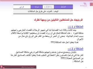 ‫التدريبي‬‫نامج‬‫ر‬‫الب‬
:
‫المشكالت‬‫حل‬ ‫فن‬ 15
‫فردي‬ ‫نوعه‬ (
2/2/1
) ‫النشاط‬
‫الهدف‬
:
‫التعرف‬
‫المشكالت‬ ‫حل‬ ‫طرق‬ ‫على‬
‫المشكلة‬
(
1
: )
‫الخ‬ ‫للفضاء‬ ‫الرحالت‬ ‫تجهيز‬ ‫في‬ ‫تبدأ‬ ‫الفضائية‬ ‫ناسا‬ ‫وكالة‬ ‫كانت‬ ‫بينما‬
‫واجهتهم‬ ‫ارجي‬
‫كبيرة‬ ‫مشكلة‬
‫بو‬ ‫الكتابة‬ ‫يستطيعوا‬ ‫لن‬ ‫الفضاء‬ ‫رواد‬ ‫أن‬ ‫في‬ ‫تتمثل‬ ‫المشكلة‬ ‫هذه‬ ،
‫األقالم‬ ‫اسطة‬
‫حال‬ ‫بأي‬ ‫الورق‬ ‫على‬ ‫القلم‬ ‫من‬ ‫يسقط‬ ‫لن‬ ‫الحبر‬ ‫أن‬ ‫بمعنى‬ ،‫الجاذبية‬ ‫انعدام‬ ‫بسبب‬
‫من‬
‫األحوال‬
‫المشكلة‬ ‫هذه‬ ‫لحل‬ ‫يفعلوا‬ ‫فماذا‬
!!
‫؟؟؟‬
‫المشكلة‬
(
2
: )
‫الصن‬ ‫مشكلة‬ ‫وهي‬ ‫كبيرة‬ ‫مشكلة‬ ‫واجهتهم‬ ‫ضخم‬ ‫صابون‬ ‫وبمصنع‬ ‫باليابان‬
‫اديق‬
‫لكش‬ ‫يفعلوا‬ ‫فماذا‬ ‫التعليب‬ ‫في‬ ‫للخطأ‬ ً‫ا‬‫نظر‬ ‫بالصابون‬ ‫تعبأ‬ ‫لم‬ ‫التي‬ ‫الفارغة‬
‫الفارغة‬ ‫الصناديق‬ ‫ف‬
‫المعبأة‬ ‫الصناديق‬ ‫من‬
!!!
‫؟؟؟؟‬
‫المشكلة‬ ‫حل‬
:
‫نظرك‬ ‫وجهة‬ ‫من‬ ‫التاليتين‬ ‫للمشكلتين‬ ‫حل‬ ‫بإيجاد‬ ‫قم‬
 