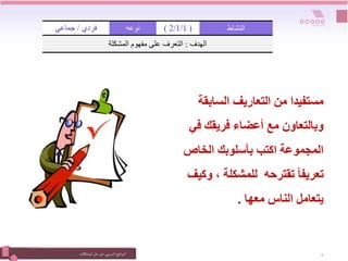 ‫التدريبي‬‫نامج‬‫ر‬‫الب‬
:
‫المشكالت‬‫حل‬ ‫فن‬ 9
‫مستفيدا‬
‫السابقة‬ ‫التعاريف‬ ‫من‬
‫في‬ ‫فريقك‬ ‫أعضاء‬ ‫مع‬ ‫وبالتعاون‬
‫الخاص‬ ‫بأسلوبك‬ ‫اكتب‬ ‫المجموعة‬
‫وكي‬ ، ‫للمشكلة‬ ‫تقترحه‬ ً‫ا‬‫تعريف‬
‫ف‬
‫معها‬ ‫الناس‬ ‫يتعامل‬
.
‫فردي‬
/
‫جماعي‬ ‫نوعه‬ (
2/1/1
) ‫النشاط‬
‫الهدف‬
:
‫المشكلة‬ ‫مفهوم‬ ‫على‬ ‫التعرف‬
 