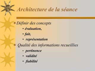 Architecture de la séance
Définir des concepts
• évaluation,
• fait,
• représentation
 Qualité des informations recueillies
• pertinence
• validité
• fiabilité
 