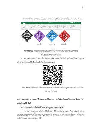 27
แบบที่ 1 แบบที่ 2 แบบที่ 3
จากการประยุกต์สร้างลวดลายเชียงแสนหงส์ดำ ผู้ศึกษาได้ลวดลายทั้งหมด 3 แบบ ดังภาพ
ภาพประกอบ 28 ลวดลายเชียงแสนหงส์ดำที่ได้จากความสัมพันธ์ทางคณิตศาสตร์
ในโปรแกรม Microsoft Excel
4.2.4 จากผลการดำเนินงานเมื่อได้ลวดลายเชียงแสนหงส์ดำแล้ว ผู้ศึกษาจึงได้นำลวดลาย
ดังกล่าวไปประยุกต์ใช้เพื่อสร้างผลิตภัณฑ์ออกมาเผยแพร่
ภาพประกอบ 29 คิวอาร์โค้ดลวดลายเชียงแสนหงส์ดำในการใช้มอดุโลหลายแบบในโปรแกรม
Microsoft Excel
4.3 การเผยแพร่ลวดลายเชียงแสนหงส์ดำจากความสัมพันธ์ทางคณิตศาสตร์โดยสร้าง
ผลิตภัณฑ์ได้ ดังนี้
4.3.1 เผยแพร่ผ่านผลิตภัณฑ์ ได้แก่ พวงกุญแจ และกระเป๋าผ้า
4.3.1.1 พวงกุญแจ ผลิตภัณฑ์ที่ได้จากการใช้โปรแกรม RDWorks ในการพิมพ์ลวดลาย
เชียงแสนหงส์ดำจากเครื่องตัดชิ้นงานด้วยเลเซอร์ให้เกิดผลิตภัณฑ์ดังภาพ ซึ่งเครื่องนี้สามารถ
เปลี่ยนแปลงขนาดของพวงกุญแจได้
 