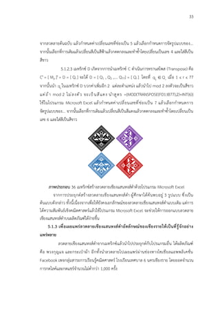 33
จากลวดลายต้นฉบับ แล้วกำหนดค่าเปลี่ยนเลขที่ช่องเป็น 5 แล้วเลือกกำหนดการจัดรูปแบบของ...
จากนั้นเลือกที่การเติมแล้วเปลี่ยนสีเป็นสีฟ้าแล้วกดตกลงและทำซ้ำโดยเปลี่ยนเป็นเลข 4 และใส่สีเป็น
สีขาว
5.1.2.3 เมทริกซ์ D เกิดจากการนำเมทริกซ์ C ดำเนินการทรานสโพส (Transpose) คือ
Ct = [ Mp ]t = D = [ Qr ] จะได้ D = [ Q1 , Q2 ,…. Q77] = [ Qr ] โดยที่ ij r
q Q
 เมื่อ 1 ≤ r ≤ 77
จากนั้นนำ ij
q ในเมทริกซ์ D บวกค่าเพิ่มอีก 2 แต่ละตำแหน่ง แล้วนำไป mod 2 ลงตัวจะเป็นสีขาว
แต่ถ้า mod 2 ไม่ลงตัว จะเป็นสีแดง นำสูตร ={MOD(TRANSPOSE(FD1:IB77),2)+INT(6)}
ใช้ในโปรแกรม Microsoft Excel แล้วกำหนดค่าเปลี่ยนเลขที่ช่องเป็น 7 แล้วเลือกกำหนดการ
จัดรูปแบบของ... จากนั้นเลือกที่การเติมแล้วเปลี่ยนสีเป็นสีแดงแล้วกดตกลงและทำซ้ำโดยเปลี่ยนเป็น
เลข 6 และใส่สีเป็นสีขาว
ภาพประกอบ 36 เมทริกซ์สร้างลวดลายเชียงแสนหงส์ดำด้วยโปรแกรม Microsoft Excel
จากการประยุกต์สร้างลวดลายเชียงแสนหงส์ดำ ผู้ศึกษาได้ค้นพบอยู่ 3 รูปแบบ ซึ่งเป็น
ต้นแบบดังกล่าว ทั้งนี้เนื่องจากเพื่อให้ยังคงเอกลักษณ์ของลวดลายเชียงแสนหงส์ดำแบบเดิม แต่การ
ได้ความสัมพันธ์เชิงคณิตศาสตร์แล้วใช้โปรแกรม Microsoft Excel จะช่วยให้การออกแบบลวดลาย
เชียงแสนหงส์ดำบนผลิตภัณฑ์ได้ง่ายขึ้น
5.1.3 เพื่อเผยแพร่ลวดลายเชียงแสนหงส์ดำอัตลักษณ์ของเชียงรายให้เป็นที่รู้จักอย่าง
แพร่หลาย
ลวดลายเชียงแสนหงส์ดำจากเมทริกซ์แล้วนำไปประยุกต์กับโปรแกรมอื่น ได้ผลิตภัณฑ์
คือ พวงกุญแจ และกระเป๋าผ้า อีกทั้งนำลวดลายไปเผยแพร่ผ่านช่องทางโซเชียลแอพพลิเคชั่น
Facebook เพจกลุ่มสาระการเรียนรู้คณิตศาสตร์ โรงเรียนเทศบาล 6 นครเชียงราย โดยยอดจำนวน
การกดไลค์และกดแชร์จำนวนไม่ต่ำกว่า 1,000 ครั้ง
 