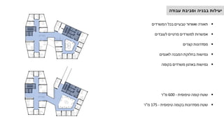 ▪
‫ו‬ ‫תאורה‬
‫אוורור‬
‫המשרדים‬ ‫בכל‬ ‫טבעיים‬
▪
‫לעובדים‬ ‫פרטיים‬ ‫למשרדים‬ ‫אפשרות‬
▪
‫קצרים‬ ‫מסדרונות‬
▪
‫לאגפים‬ ‫המבנה‬ ‫בחלוקת‬ ‫גמישות‬
▪
‫בקומה‬ ‫משרדים‬ ‫בארגון‬ ‫גמישות‬
▪
‫טיפוסית‬ ‫קומה‬ ‫שטח‬
-
600
‫מ‬
"
‫ר‬
▪
‫טיפוסית‬ ‫בקומה‬ ‫מסדרונות‬ ‫שטח‬
-
175
‫מ‬
"
‫ר‬
‫עבודה‬ ‫וסביבת‬ ‫בבניה‬ ‫יעילות‬
 