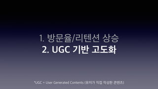 1. 방문율/리텐션 상승
2. UGC 기반 고도화
*UGC = User Generated Contents (유저가 직접 작성한 콘텐츠)
 