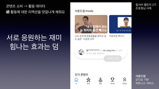 콘텐츠 소비 -> 활동 데이터
서로 응원하는 재미
힘나는 효과는 덤
힙서비 챌린지 2기
조호정님 사례
사운드짐
오디오 기반
피트니스 서비스
☑ 활동에 대한 리액션을 맛깔나게 해줘요
 
