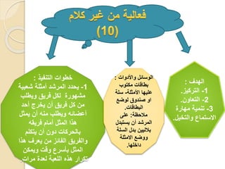 ‫الهدف‬
:
1
-
‫التركيز‬
.
2
-
‫التعاون‬
.
3
-
‫مهارة‬ ‫تنمية‬
‫والتخيل‬ ‫االستماع‬
.
‫التنفيذ‬ ‫خطوات‬
:
1
-
‫شعبية‬ ‫أمثلة‬ ‫المرشد‬ ‫يحدد‬
‫ويطلب‬ ‫فريق‬ ‫لكل‬ ‫مشهورة‬
‫أحد‬ ‫يخرج‬ ‫أن‬ ‫فريق‬ ‫كل‬ ‫من‬
‫يمثل‬ ‫أن‬ ‫منه‬ ‫ويطلب‬ ‫أعضائه‬
‫فريقه‬ ‫أمام‬ ‫المثل‬ ‫هذا‬
‫يتكلم‬ ‫أن‬ ‫دون‬ ‫بالحركات‬
‫هذا‬ ‫يعرف‬ ‫من‬ ‫الفائز‬ ‫والفريق‬
‫ويمكن‬ ‫وقت‬ ‫بأسرع‬ ‫المثل‬
‫مرات‬ ‫لعدة‬ ‫اللعبة‬ ‫هذه‬ ‫تكرار‬
.
‫واألدوات‬ ‫الوسائل‬
:
‫مكتوب‬ ‫بطاقات‬
‫األمثلة‬ ‫عليها‬
-
‫سلة‬
‫لوضع‬ ‫صندوق‬ ‫او‬
‫البطاقات‬
.
‫مالحظة‬
:
‫على‬
‫يستبدل‬ ‫أن‬ ‫المرشد‬
‫السلة‬ ‫بدل‬ ‫بالليين‬
‫االمثلة‬ ‫ووضع‬
‫داخلها‬
.
 
