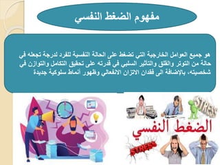 ‫النفسي‬ ‫الضغط‬ ‫مفهوم‬
‫في‬ ‫تجعله‬ ‫لدرجة‬ ‫للفرد‬ ‫النفسية‬ ‫الحالة‬ ‫على‬ ‫تضغط‬ ‫التي‬ ‫الخارجية‬ ‫العوامل‬ ‫جميع‬ ‫هو‬
‫في‬ ‫والتوازن‬ ‫التكامل‬ ‫تحقيق‬ ‫على‬ ‫قدرته‬ ‫في‬ ‫السلبي‬ ‫والتأثير‬ ‫والقلق‬ ‫التوتر‬ ‫من‬ ‫حالة‬
‫جديدة‬ ‫سلوكية‬ ‫أنماط‬ ‫وظهور‬ ‫االنفعالي‬ ‫االتزان‬ ‫فقدان‬ ‫الى‬ ‫باإلضافة‬ ،‫شخصيته‬
 