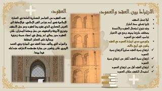 ‫العم‬‫في‬ ‫الهامة‬‫المعمارية‬‫العناصر‬‫من‬ ‫العقود‬‫تعد‬
‫ارة‬
‫فباإلض‬ ،‫اإلسالمي‬‫الفن‬‫خواص‬‫أحد‬‫فهي‬ ‫اإلسالمية‬
‫الى‬‫افة‬
‫االس‬‫حمل‬‫وهو‬ ‫لعقود‬ ‫بها‬ ‫تقوم‬ ‫الذي‬‫المعماري‬‫الغرض‬
‫قف‬
‫الجدران‬‫وضغط‬ ‫حمل‬‫من‬ ‫والتخفيف‬ ‫األروقة‬‫وتوزيع‬
‫كان‬ ،
‫زخ‬ ‫مسحة‬ ‫اء‬‫اضف‬‫في‬ ‫يتمثل‬ ‫اخر‬‫جمالي‬‫دور‬ ‫للعقود‬
‫رفية‬
‫المختلفة‬‫العمائر‬‫على‬ ‫وجمالية‬
‫و‬
‫ا‬‫وفي‬ ‫الحجارة‬‫هي‬ ‫العقد‬‫منها‬ ‫يتألف‬ ‫التي‬‫المواد‬
‫لعهد‬
‫حجارة‬‫من‬ ‫يتكون‬ ‫كان‬ ‫االيوبي‬
‫مقصقصه‬
‫اف‬‫ر‬‫االط‬
‫متداخله‬
‫بينها‬ ‫فيما‬
.
‫العقود‬
: ‫والعمو‬ ‫العقد‬‫بين‬ ‫االرتباط‬
‫د‬
:
•
‫السقف‬‫تحمل‬ ‫أوال‬
•
‫از‬‫ر‬‫الط‬‫سمة‬ ‫تعطي‬ ‫ثانيا‬
•
‫واألعمدة‬ ‫العقود‬‫استعمال‬‫تنوع‬ ‫وقد‬
‫اال‬‫في‬ ‫وضع‬ ‫بحيث‬ ‫طرزها‬ ‫بمختلف‬
‫عتبار‬
‫العمود‬‫مع‬ ‫العقد‬‫تناسب‬
•
‫ال‬‫مع‬ ‫العمود‬‫ارتباط‬‫مدي‬ ‫ولتوضيح‬
‫عقد‬
‫حاالت‬‫أربع‬‫في‬ ‫يكون‬
✓
‫الرت‬ً‫مساويا‬ ‫العقد‬‫نسبة‬ ‫اع‬‫ارتف‬
‫نسبة‬ ‫اع‬‫ف‬
‫العمود‬
✓
‫ارتف‬‫من‬ ‫أكثر‬‫العقد‬‫نسبة‬ ‫اع‬‫ارتف‬
‫نسبة‬ ‫اع‬
‫العمود‬
✓
‫العمو‬‫اع‬‫ارتف‬‫من‬ ‫ل‬‫أق‬‫العقد‬‫اع‬‫ارتف‬
‫د‬
✓
‫العمود‬‫مكان‬ ‫الكتف‬‫استبدال‬
 