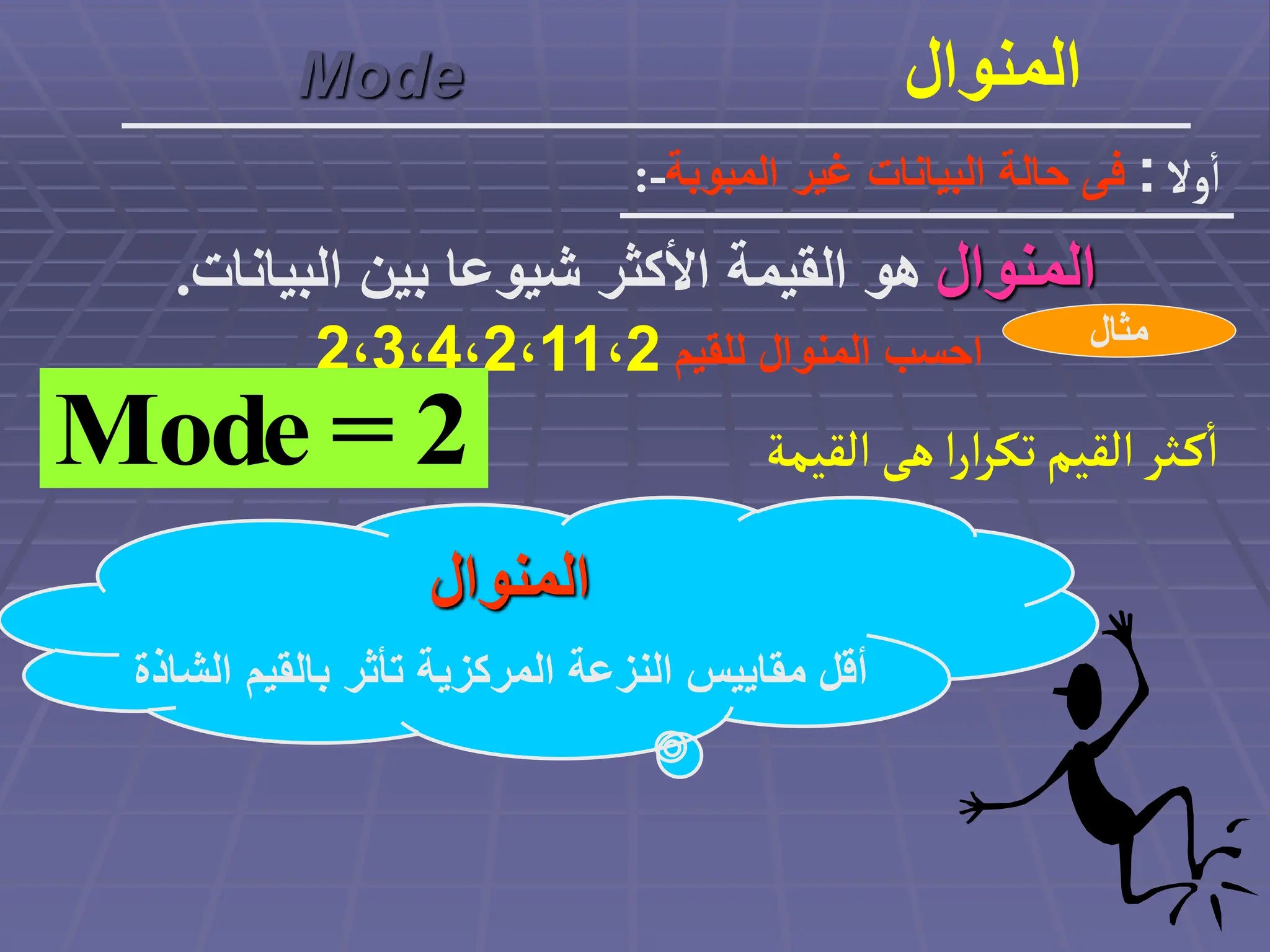 ‫المنوال‬
‫البيان‬ ‫بين‬ ‫شيوعا‬ ‫األكثر‬ ‫القيمة‬ ‫هو‬
‫ات‬
.
Mode ‫المنوال‬
‫وال‬‫أ‬
:
‫المبوبة‬ ‫غير‬ ‫البيانات‬ ‫حالة‬ ‫فى‬
:-
‫مثال‬
‫للقيم‬ ‫المنوال‬ ‫احسب‬
2،3،4،2،11،2
‫ألقيمة‬‫هى‬‫أ‬‫ر‬‫أ‬‫ر‬‫تك‬‫ألقيم‬‫ثر‬‫ك‬‫أ‬
2
2
=
Mode
‫المنوال‬
‫الشاذة‬ ‫بالقيم‬ ‫تأثر‬ ‫المركزية‬ ‫النزعة‬ ‫مقاييس‬ ‫أقل‬
 