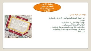 ‫األرض‬ ‫قطعة‬
‫عمل‬ ‫المفترض‬
‫مدرسة‬ ‫مشروع‬
‫عليها‬
:
‫تونس‬ ‫قرية‬ ‫في‬ ‫توجد‬
:
‫قر‬ ‫فى‬ ‫الزخرفى‬ ‫الجزء‬ ‫ليخدم‬ ‫الموقع‬ ‫اختيار‬ ‫تم‬
‫ية‬
‫تونس‬
.
‫التخطيطية‬ ‫المعايير‬ ‫بها‬ ‫توفرت‬
:
‫المستقبلي‬ ‫االمتداد‬ ‫امكانية‬
.
‫جانبي‬ ‫شارع‬ ‫و‬ ‫رئيسين‬ ‫شارعين‬ ‫علي‬ ‫تطل‬
.
‫لجذب‬ ‫قارون‬ ‫وبحيرة‬ ‫الريان‬ ‫وادى‬ ‫من‬ ‫قريبة‬
‫السياحة‬
.
‫االرض‬ ‫قطعة‬
 