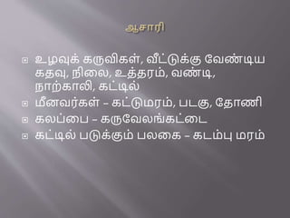  உழவுக் கருவிகள், வீை்டுக்கு ரவண
் டிய
கதவு, நினல, உத்தரம், வண
் டி,
நாற்காலி, கை்டில்
 மீைவர்கள் – கை்டுமரம், பைகு, ரதாணி
 கலப்னப – கருரவலங்கை்னை
 கை்டில் படுக்கும் பலனக – கைம்பு மரம்
 