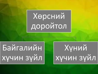 Хөрсний
доройтол
Байгалийн
хүчин зүйл
Хүний
хүчин зүйл
 