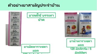 ตัวอย่างยาสามัญประจาบ้าน
ยาลดไข้ บรรเทา
ปวด
ยาน้าพาราเซตา
มอล
120 มิลลิกรัม / 5
มิลลิลิตร
ยาเม็ดพาราเซตา
มอล
 