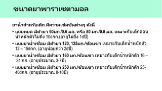 ยาน้าสาหรับเด็ก มีความเข้มข้นต่างๆ ดังนี้
• แบบหยด มีตัวยา 60มก./0.6 มล. หรือ 80 มก./0.8 มล. เหมาะกับเด็กอ่อน
น้าหนักตัวไม่ถึง 10 กก.(อายุไม่ถึง 1 ปี)
• แบบยาน้าเชื่อม มีตัวยา 120, 125มก./ช้อนชา เหมาะกับเด็กน้าหนักตัว
12 – 15 กก. (อายุน้อยกว่า 2 ปี)
• แบบยาน้าเชื่อม มีตัวยา 160 มก./ช้อนชา เหมาะกับเด็กน้าหนักตัว 16 –
24 กก. (อายุประมาณ 3-7ปี)
• แบบยาน้าเชื่อม มีตัวยา 250 มก./ช้อนชา เหมาะกับเด็กน้าหนักตัว 25-
40 กก. (อายุประมาณ 8-10ปี)
ขนาดยาพาราเซตามอล
 