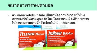 ขนาดยาพาราเซตามอล
• ยาเม็ดขนาด650 มก./เม็ด เป็นยาที่ออกฤทธิ์ยาว 8 ชั่วโมง
เพราะฉะนั้นให ้ทานทุก 8 ชั่วโมง โดยจานวนเม็ดที่รับประทาน
ให ้คานวณตามน้าหนักตัว โดยให ้10 – 15 มก./กก.
 