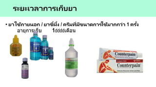 • ยาใช้ภายนอก / ยาขี้ผึ้ง / ครีมที่มีขนาดการใช้มากกว่า 1 ครั้ง
อายุการเก็บ 1 เดือน
ระยะเวลาการเก็บยา
 