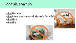 • ห ้าม โดนแสง
• ห ้าม แกะยาออกจากแผงไว ้ล่วงหน้าเกิน 1 สัปดาห์
• ห ้าม ร ้อน
• ห ้าม ชื้น
การเก็บรักษายา
 