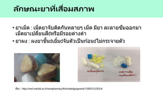 • ยาเม็ด : เม็ดยาจับติดกันหลายๆ เม็ด มียา ละลายซึมออกมา
เม็ดยาเปลี่ยนสี หรือมีรอยด่างดา
• ยาผง : ผงยาชื้น เยิ้ม จับตัวเป็นก ้อน ไม่กระจายตัว
ลักษณะยาที่เสื่อมสภาพ
ที่มา : https://med.mahidol.ac.th/ramapharmacy/th/knowledge/general/11092015-2303-th
 