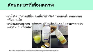 • ยาน้าใส : มีการเปลี่ยนสี/กลิ่น/รส หรือมีการแยกชั้น ตกตะกอน
หรือตกผลึก
• ยาน้าแขวนตะกอน : เกิดการเปลี่ยนสี/กลิ่น/รส ไม่สามารถเขย่า
ผสมให ้เป็นเนื้อเดียวกันได ้
ลักษณะยาที่เสื่อมสภาพ
ที่มา : https://med.mahidol.ac.th/ramapharmacy/th/knowledge/general/11092015-2303-th
 