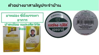 ตัวอย่างยาสามัญประจาบ้าน
ยาหม่อง ขี้ผึ้งบรรเทา
อาการ
ปวดเมื่อย แมลงสัตว์กัด
ต่อย
 