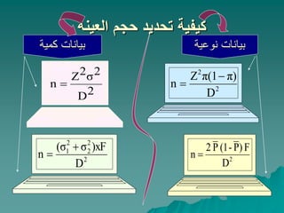 ‫العينة‬ ‫حجم‬ ‫تحديد‬ ‫كيفية‬
‫كمية‬ ‫بيانات‬ ‫نوعية‬ ‫بيانات‬
2
D
2
σ
2
Z
n 
2
2
2
2
1
D
)xF
σ
(σ
n


2
2
D
π)
π(1
Z
n


2
D
F
)
P
-
(1
P
2
n 
 
