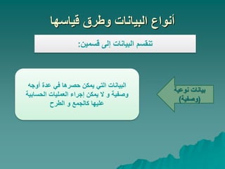 ‫قياسها‬ ‫وطرق‬ ‫البيانات‬ ‫أنواع‬
‫قسمين‬ ‫إلى‬ ‫البيانات‬ ‫تنقسم‬
:
‫نوعية‬ ‫بيانات‬
(
‫وصفية‬
)
‫أوجه‬ ‫عدة‬ ‫في‬ ‫حصرها‬ ‫يمكن‬ ‫التي‬ ‫البيانات‬
‫الحسابية‬ ‫العمليات‬ ‫إجراء‬ ‫يمكن‬ ‫ال‬ ‫و‬ ‫وصفية‬
‫الطرح‬ ‫و‬ ‫كالجمع‬ ‫عليها‬
 