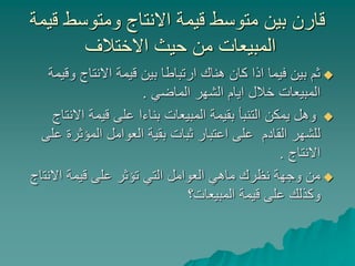 ‫قيمة‬ ‫ومتوسط‬ ‫االنتاج‬ ‫قيمة‬ ‫متوسط‬ ‫بين‬ ‫قارن‬
‫االختالف‬ ‫حيث‬ ‫من‬ ‫المبيعات‬

‫و‬ ‫االنتاج‬ ‫قيمة‬ ‫بين‬ ‫ارتباطا‬ ‫هناك‬ ‫كان‬ ‫اذا‬ ‫فيما‬ ‫بين‬ ‫ثم‬
‫قيمة‬
‫الماضي‬ ‫الشهر‬ ‫ايام‬ ‫خالل‬ ‫المبيعات‬
.

‫اال‬ ‫قيمة‬ ‫على‬ ‫بناءا‬ ‫المبيعات‬ ‫بقيمة‬ ‫التنبأ‬ ‫يمكن‬ ‫وهل‬
‫نتاج‬
‫المؤثر‬ ‫العوامل‬ ‫بقية‬ ‫ثبات‬ ‫اعتبار‬ ‫على‬ ‫القادم‬ ‫للشهر‬
‫على‬ ‫ة‬
‫االنتاج‬
.

‫االنت‬ ‫قيمة‬ ‫على‬ ‫تؤثر‬ ‫التي‬ ‫العوامل‬ ‫ماهي‬ ‫نظرك‬ ‫وجهة‬ ‫من‬
‫اج‬
‫المبيعات؟‬ ‫قيمة‬ ‫على‬ ‫وكذلك‬
 