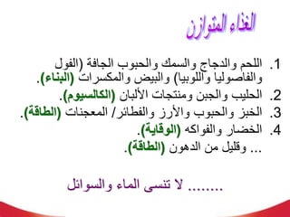 .1
‫الجافة‬ ‫والحبوب‬ ‫والسمك‬ ‫والدجاج‬ ‫اللحم‬
(
‫الفول‬
‫والفاصول‬
‫ي‬
‫ا‬
‫واللوبيا‬
)
‫و‬ ‫والبيض‬
‫المكسرات‬
(
‫الب‬
‫ناء‬
)
.
.2
‫والجبن‬ ‫الحليب‬
‫األلبان‬ ‫ومنتجات‬
(
‫الكالسيوم‬
)
.
.3
‫واأل‬ ‫والحبوب‬ ‫الخبز‬
‫و‬ ‫رز‬
‫الفطائر‬
/
‫المعجنات‬
(
‫الطاق‬
‫ة‬
)
.
.4
‫الخضار‬
‫و‬
‫الفواكه‬
(
‫الوقاية‬
)
.
...
‫الدهون‬ ‫من‬ ‫وقليل‬
(
‫الطاقة‬
)
.
........
‫والسوائل‬ ‫الماء‬ ‫تنسى‬ ‫ال‬
 