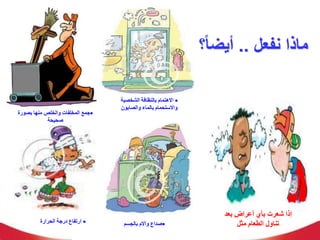 ‫نفعل‬ ‫ماذا‬
..
ً‫ا‬‫أيض‬
‫؟‬

‫اال‬
‫الشخصية‬ ‫بالنظافة‬ ‫هتمام‬
‫واال‬
‫والصابون‬ ‫بالماء‬ ‫ستحمام‬

‫المخلفات‬ ‫جمع‬
‫بصورة‬ ‫منها‬ ‫والخلص‬
‫صحيحة‬
‫بعد‬ ‫أعراض‬ ‫بأي‬ ‫شعرت‬ ‫إذا‬
‫مثل‬ ‫الطعام‬ ‫تناول‬

‫ا‬
‫الحرارة‬ ‫درجة‬ ‫رتفاع‬ 
‫بالجسم‬ ‫وآالم‬ ‫صداع‬
 