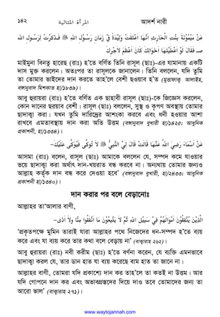 Av`k© bvix
142












‫א‬F+@
8
$W 
(
j d?
H
Z]
.‫א‬ 
0
‫א‬z$ 
‫א‬Z;c
+
(/
.






‫א‬F+@
8
[
-@

F ]@E
fM=
C.‫א‬
W [s‫א‬
+
V‫א‬ 
0
5.‫א‬
+
gvBgybv webZz nv‡iQ (ivt) nÕ‡Z ewY©Z wZwb ivm~j (Qvt)-Gi hvgvbvq GKwU
`vm gy³ Ki‡jb| AZtci Zv ivm~j‡K Rvbv‡jb| wZwb ej‡jb, hw` Zzwg
Zv †Zvgvi fvB‡`i `vb Ki‡Z ZvnÕ‡j †ekx QIqve nÕZ (gyËvdvK¡ AvjvBn,
e½vbyev` wgkKvZ nv/1839)|
Avey ûivqiv (ivt) nÕ‡Z ewY©Z GK Qvnvex ivm~j (Qvt)-‡K wR‡Ám Ki‡jb,
†Kvb `v‡bi Qiqve †ekx| ivm~j (Qvt) ej‡jb, my¯’ I K…cY Ae¯’vq †Zvgvi
Qv`vK¡v Kiv| hLb Zzwg `vwi‡`ªi AvksKv Ki‡e Ges abx nIqvi Avkv
ivL‡e GgZve¯’vq `vb Kiv AwZ DËg (e½vbyev` eyLvix nv/1425; AvaywbK
cÖKvkbx, nv/1334)|
l
LI
;‫א‬L
F Z  
0;
.6‫א‬
L#
$
9 8‫א‬/
.

s
.4[
+
4[+
K=
−

 
Avmgv (ivt) e‡jb, ivm~j (Qvt) Avgv‡K ej‡jb †h, m¤ú` K‡g hvIqvi
f‡q Qv`vK¡v Kiv A_©vr `vb-LqivZ eÜ Ki‡e bv| Ab¨_vq †Zvgvi Rb¨I
Avj−vn KZ©„K `vb eÜ K‡i †`Iqv n‡eÕ (e½vbyev` eyLvix, nv/2433; AvaywbK
cÖKvkbx nv/1340)|
`vb Kivi ci e‡j †eov‡bvt
Avj−vni ZvÔAvjvi evYx,
+6]‫א‬ 
(
W+
TI

3=
C
n‫א‬oI
8LC
0‫א‬
+(‫א‬
W+6];
3
/3-4‫א‬
y
_‫א‬= 
;(‫א‬
−
 
ÔcÖK…Zc‡¶ gywgb ZvivB hviv Avj−vni c‡_ wb‡R‡`i ab-m¤ú` nÕ‡Z e¨q
K‡i Ges hv e¨q K‡i Zvi K_v e‡j †eovq bvÕ (evK¡vivn 262)|
Avey ûivqiv (ivt) bex Kixg (Qvt) nÕ‡Z eY©bv K‡ib, †h e¨w³ Ggbfv‡e
Qv`vK¡v Kij †h, Zvi Wvb nvZ hv e¨q K‡i‡Q evg nvZ Zv Rv‡b bv|
Avj−vni evYx, †Zvgiv hw` cÖKv‡k¨ `vb Ki ZvnÕ‡j Zv KZB bv DËg| Avi
hw` †Mvc‡b `vb Ki Ges AfveMÖ¯—‡`i w`‡q `vI Z‡e †Zvgv‡`i Rb¨ Zv
Av‡iv fvjÕ (evK¡vivn 271)|
www.waytojannah.com
 