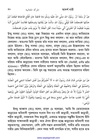 Av`k© bvix
30
















* 
M 
;~‫א‬
a 
.ck  
.
U
C4
8
D
.6‫א‬4
E‫א‬
F+
8
$
W%c
8:
a%/
.




C@
nZ2
I














D@
%L@
IV%Z@ ] 
02@#
 
0m 2/
.
ZX
8‫א‬
F+
8
$
LR
+
K Z2
q 
0
n
H
2
q
W‫א‬.Z;
C
3
(4=Bc
;
Q‫א‬o
*%9 
!6?
H:

8L:
%L
IV%
C
n
Z2
I
+
3

Z
.
 
D¤§y mvjgv (ivt) e‡jb, g°v weR‡qi ci GKw`b ivm~j (Qvt) dvwZgv‡K
wb‡Ri Kv‡Q †W‡K wb‡q Pz‡c Pz‡c wKQz K_v ej‡jb| Zv ï‡b dvwZgv †Ku‡`
†dj‡jb| AZtci wZwb cybivq Zvui mv‡_ K_v ej‡jb, Gevi dvwZgv (ivt)
†n‡m DV‡jb| D¤§y mvjgv (ivt) e‡jb, ivm~j (Qvt)-Gi B‡š—Kv‡ji ci
Avwg dvwZgv‡K Hw`b Kvu`vi Ges nvmvi KviY wR‡Ám Kijvg| ZLb wZwb
ej‡jb, ivm~j (Qvt) Avgv‡K e‡j‡Qb, AwP‡iB wZwb B‡š—Kvj Ki‡eb, Zv
ï‡b Avwg †Ku‡`wQjvg| Zvici wZwb Avgv‡K ej‡jb, Cmv (Avt)-Gi gv
gwiqg eZxZ Rvbœv‡Zi mKj bvix‡`i mi`vi Avwg ne (wZiwgqx, nv`xQ Qnxn
nv/5933)| c„w_ex‡Z †hme gwnjvi Av`k© AbymiYxq gwnjv wQ‡jb dvwZgv
(ivt) Zv‡`i Ab¨Zg| wZwb Lye bgª ¯^fv‡ei Ges AZ¨š— ci‡nhMvi gwnjv
wQ‡jb|









‫א‬
F+@
8
$
F @
F @G @
I
./ ‫א‬
/
.








c@
;
Q‫א‬L@€;@‫א‬c@
;‫א‬o@*%/@(C6[@IV6%=%














c@
 
L@
t 
V%
$
N
3
o
M‫א‬c
;
Q‫א‬L
U+6+‚‫א‬
c
;
Q‫א‬L
H0
O‫א‬
c
;
Q‫א‬L
)3:
H:
‫א‬




N
3=‚‫א‬






 
0M
j
.
U
i
T‫א‬
U+6+‫א‬
U
U
+‫א‬c
;‫א‬o*%/(C62
m !

o
M

N
.4=B
t
$














@
0M
jH@
3L@ 
*
H@
3
ƒ
q@
K@
 
9 
M 
q„‫א‬
_BL4‫א‬








@
  '
q@„ 
_‫א‬=
F+@6]
K


#
K
−
Beby AveŸvm (ivt) e‡jb, ivm~j  e‡j‡Qb, ÔAvwg wK †Zvgv‡`i‡K
Rvbœv‡Zi Awaevmx cyi“l‡`i msev` w`e bv? bex RvbœvZx, mZ¨ev`x RvbœvZx,
knx` RvbœvZx, beRvZK wkï RvbœvZx, GKgvÎ Avj−vni mš—zwói D‡Ï‡k¨ Øxwb
fvB‡qi mv¶vrKvix RvbœvZx| Avi Hme ¯¿xMY n‡”Q Rvbœv‡Zi Awaevmx hviv
eÜzfvevcbœ, †øncivqY, †ewk †ewk mš—vb cÖmeKvwiYx, ¯^vgxi cÖwZ evisevi
Mfxi †cÖg wewbgqKvwiYx| †Kvb mgq ¯^vgx ivMvwb¦Z nÕ‡j, ¯^vgxi nv‡Z nvZ
www.waytojannah.com
 