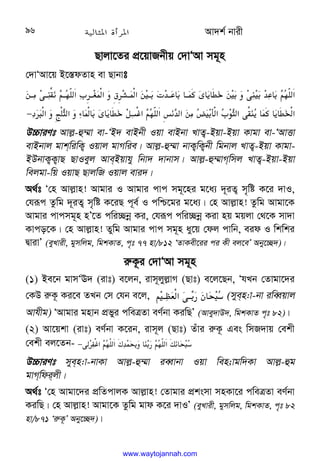 Av`k© bvix
96
Qvjv‡Zi cÖ‡qvRbxq †`vÔAv mg~n
†`vÔAv‡q B‡¯—dZvn ev Qvbvt























/@(@;R]

C@
0–‫א‬,@‫א‬
 O@‫א‬
/@
H@
.  @[
y 
3 5
V
/
;H. 
C
0–‫א‬


H‫א‬
/(
ˆ
X‫א‬
,+
^‫א‬4]
;
3 [ 
3 5
h‫א‬
U
I‫א‬
œ
^‫א‬
9  
y 
3 5
Vo!„‫א‬
C
0–‫א‬
−
 
D”PviYt Avj−-û¤§v ev-ÔB` evBbx Iqv evBbv LvZ¡-Bqv-Bqv Kvgv ev-ÔAvËv
evBbvj gvkwiwK¡ Iqvj gvMwie| Avj−-û¤§v bvK¡wK¡bx wgbvj LvZ¡-Bqv Kvgv-
BDbvK¡K¡vQ QvIeyj AveBqvhy wbv` `vbvm| Avj−-û¤§vMwmj LvZ¡-Bqv-Bqv
wejgv-wq IqvQ QvjwR Iqvj evi`|
A_©t Ô†n Avj−vn! Avgvi I Avgvi cvc mg~‡ni g‡a¨ `~iZ¡ m„wó K‡i `vI,
†hiƒc Zzwg `~iZ¡ m„wó K‡iQ c~e© I cwð‡gi g‡a¨| †n Avj−vn! Zzwg Avgv‡K
Avgvi cvcmg~n nÕ‡Z cwi”Qbœ Ki, †hiƒc cwi”Qbœ Kiv nq gqjv †_‡K mv`v
Kvco‡K| †n Avj−vn! Zywg Avgvi cvc mg~n ay‡q †dj cvwb, eid I wkwki
ØvivÕ (eyLvix, gymwjg, wgkKvZ, c„t 77 nv/812 ÔZvKex‡ii ci Kx ej‡eÕ Aby‡”Q`)|
i“K‚i †`vÔAv mg~n
(1) Be‡b gvmÔE` (ivt) e‡jb, ivm~jyj−vM (Qvt) e‡j‡Qb, ÔhLb †Zvgv‡`i
†KD i“K‚ Ki‡e ZLb †m †hb e‡j, 

C@
T‫א‬
@:
$
W 
I
8 (myen:v-bv iweŸqvj
Avhxg) ÔAvgvi gnvb cÖfyi cweÎZv eY©bv KiwQÕ (Avey`vD`, wgkKvZ c„t 82)|
(2) Av‡qkv (ivt) eY©bv K‡ib, ivm~j (Qvt) Zuvi i“K‚ Ges wmR`vq †ekx
†ekx ej‡Zb- 
C
0–‫א‬fH

 
;
$
C
0–‫א‬s
 
I
8
„‫א‬
−
D”PviYt myen:v-bvKv Avj−-û¤§v ieŸvbv Iqv wen;vgw`Kv Avj−-ûg
gvMwdijx|
A_©t Ô†n Avgv‡`i cÖwZcvjK Avj−vn! †Zvgvi cÖksmv mnKv‡i cweÎZv eY©bv
KiwQ| †n Avj−vn! Avgv‡K Zzwg gvd K‡i `vIÕ (eyLvix, gymwjg, wgkKvZ, c„t 82
nv/871 Ôi“K‚Õ Aby‡”Q`)|
www.waytojannah.com
 