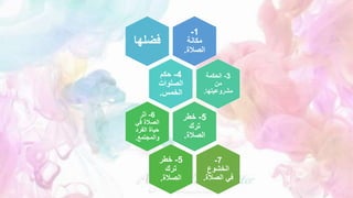 1
-
‫مكانة‬
‫الصالة‬
.
‫فضله‬
‫ا‬
4
-
‫حكم‬
‫الصلوات‬
‫الخمس‬
.
3
-
‫الحكمة‬
‫من‬
‫مشروعيتها‬
.
5
-
‫خطر‬
‫ترك‬
‫الصالة‬
.
6
-
‫أثر‬
‫في‬ ‫الصالة‬
‫الفرد‬ ‫حياة‬
‫والمجتمع‬
.
5
-
‫خطر‬
‫ترك‬
‫الصالة‬
.
7
-
‫الخشوع‬
‫الصال‬ ‫في‬
‫ة‬
.
 