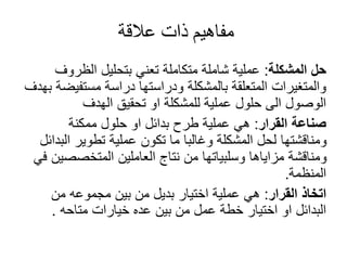 ‫عالقة‬ ‫ذات‬ ‫مفاهيم‬
‫المشكلة‬ ‫حل‬
:
‫الظروف‬ ‫بتحليل‬ ‫تعني‬ ‫متكاملة‬ ‫شاملة‬ ‫عملية‬
‫ب‬ ‫مستفيضة‬ ‫دراسة‬ ‫ودراستها‬ ‫بالمشكلة‬ ‫المتعلقة‬ ‫والمتغيرات‬
‫هدف‬
‫الهدف‬ ‫تحقيق‬ ‫او‬ ‫للمشكلة‬ ‫عملية‬ ‫حلول‬ ‫الى‬ ‫الوصول‬
‫القرار‬ ‫صناعة‬
:
‫ممكنة‬ ‫حلول‬ ‫او‬ ‫بدائل‬ ‫طرح‬ ‫عملية‬ ‫هي‬
‫البدائل‬ ‫تطوير‬ ‫عملية‬ ‫تكون‬ ‫ما‬ ‫وغالبا‬ ‫المشكلة‬ ‫لحل‬ ‫ومناقشتها‬
‫في‬ ‫المتخصصين‬ ‫العاملين‬ ‫نتاج‬ ‫من‬ ‫وسلبياتها‬ ‫مزاياها‬ ‫ومناقشة‬
‫المنظمة‬
.
‫القرار‬ ‫اتخاذ‬
:
‫من‬ ‫مجموعه‬ ‫بين‬ ‫من‬ ‫بديل‬ ‫اختيار‬ ‫عملية‬ ‫هي‬
‫متاحه‬ ‫خيارات‬ ‫عده‬ ‫بين‬ ‫من‬ ‫عمل‬ ‫خطة‬ ‫اختيار‬ ‫او‬ ‫البدائل‬
.
 
