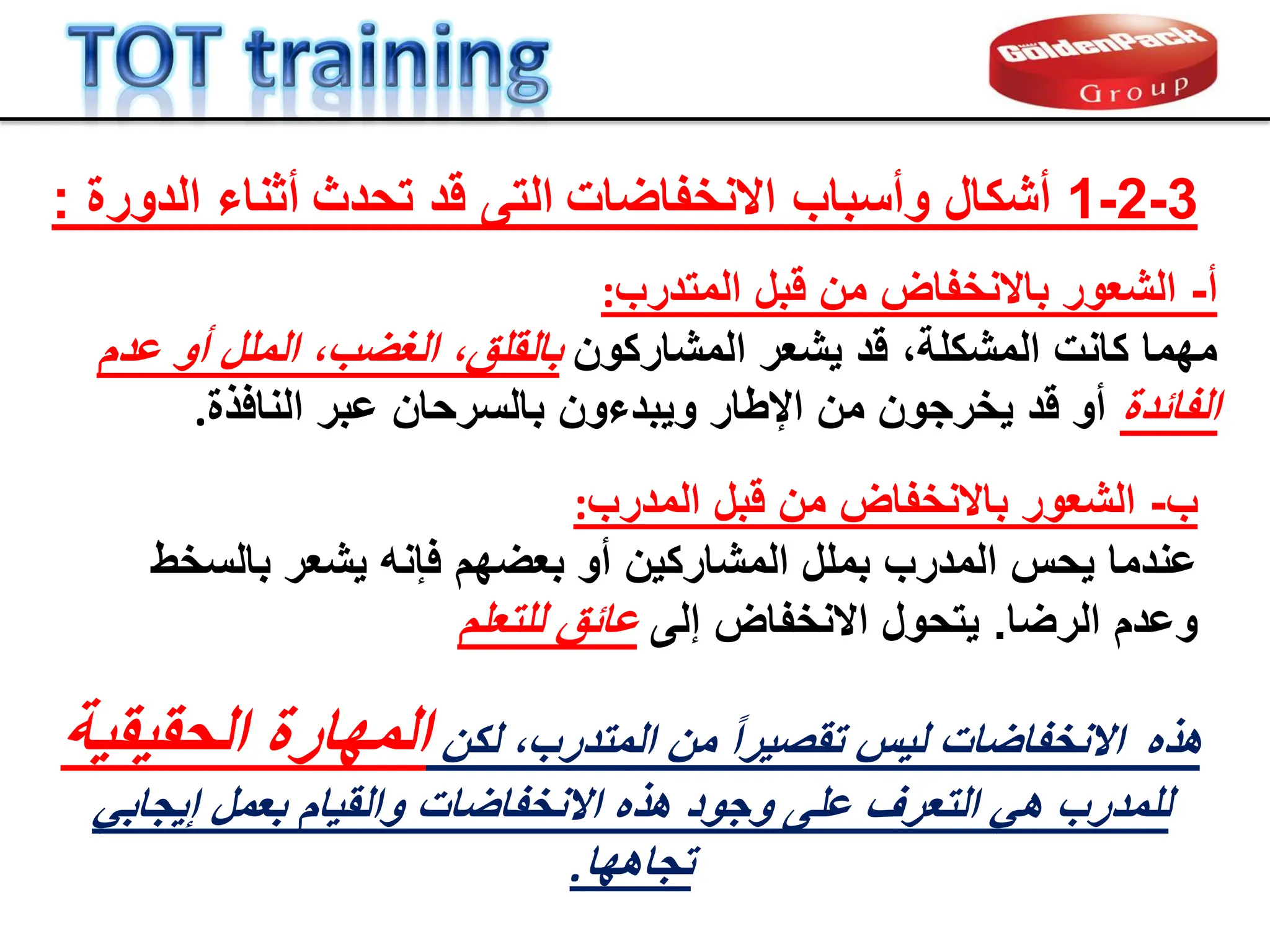 3
-
2
-
1
‫وأسباب‬ ‫أشكال‬
‫االنخفاضات‬
‫تحدث‬ ‫لد‬ ‫التى‬
‫الدورة‬ ‫أثناء‬
:
‫أ‬
-
‫المتدرب‬ ‫لبل‬ ‫من‬ ‫باالنخفاض‬ ‫الشعور‬
:
‫المشاركون‬ ‫ٌشعر‬ ‫لد‬ ،‫المشكلة‬ ‫كانت‬ ‫مهما‬
‫عدم‬ ‫أو‬ ‫الملل‬ ،‫الغضب‬ ،‫بالملك‬
‫الفابدة‬
‫النافذة‬ ‫عبر‬ ‫بالسرحان‬ ‫وٌبدءون‬ ‫اإلطار‬ ‫من‬ ‫ٌخرجون‬ ‫لد‬ ‫أو‬
.
‫هذه‬
‫لكن‬ ،‫المتدرب‬ ‫من‬ ً‫ا‬‫تمصٌر‬ ‫لٌس‬ ‫االنخفاضات‬
‫الحمٌمٌة‬ ‫المهارة‬
ً‫إٌجاب‬ ‫بعمل‬ ‫والمٌام‬ ‫االنخفاضات‬ ‫هذه‬ ‫وجود‬ ‫على‬ ‫التعرف‬ ً‫ه‬ ‫للمدرب‬
‫تجاهها‬
.
‫ب‬
-
‫المدرب‬ ‫لبل‬ ‫من‬ ‫باالنخفاض‬ ‫الشعور‬
:
‫بالسخط‬ ‫ٌشعر‬ ‫فإنه‬ ‫بعضهم‬ ‫أو‬ ‫المشاركٌن‬ ‫بملل‬ ‫المدرب‬ ‫ٌحس‬ ‫عندما‬
‫الرضا‬ ‫وعدم‬
.
‫إلى‬ ‫االنخفاض‬ ‫ٌتحول‬
‫للتعلم‬ ‫عابك‬
 