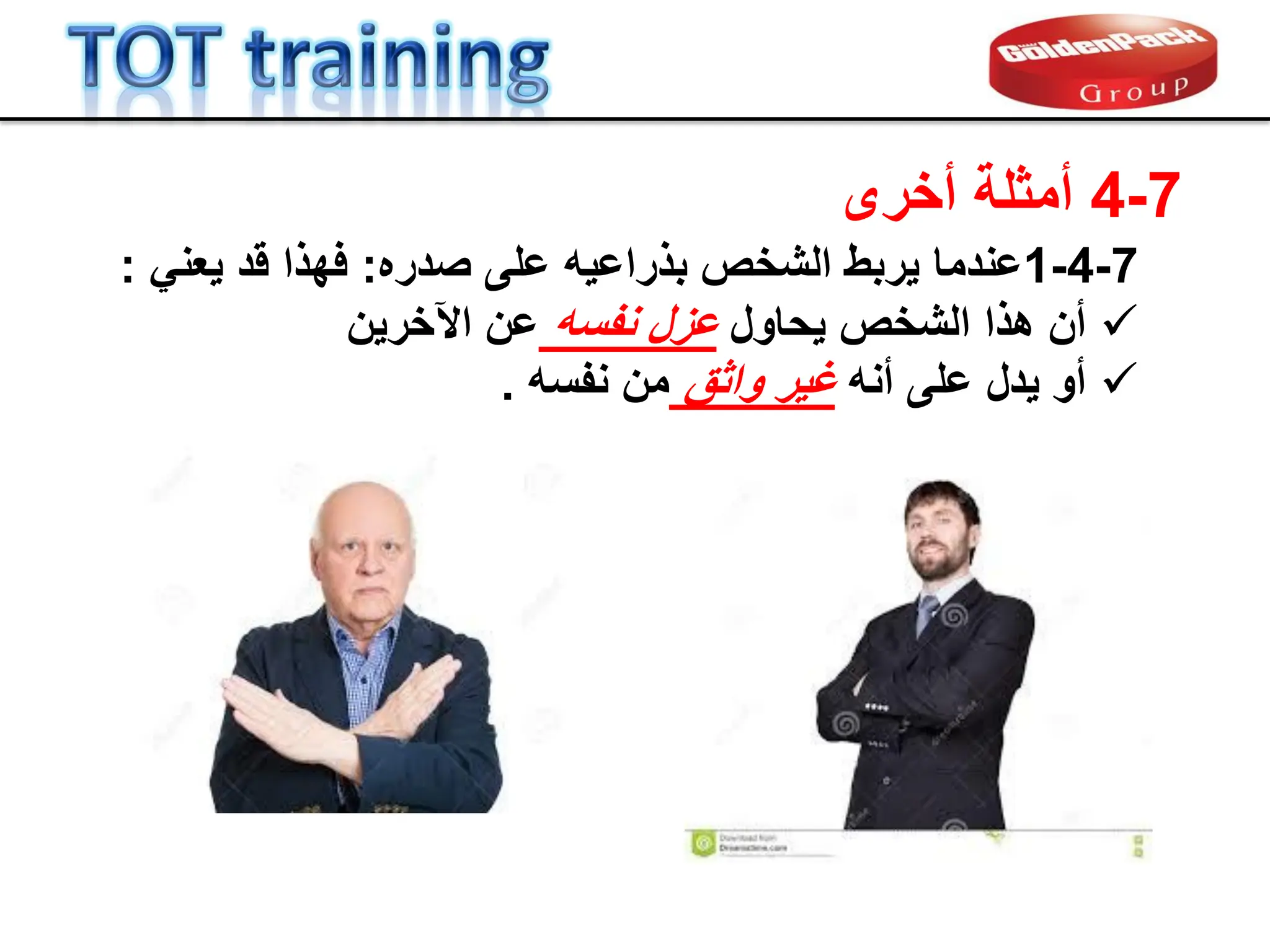 7
-
4
‫أخرى‬ ‫أمثلة‬
7
-
4
-
1
‫عندما‬
‫صدره‬ ‫على‬ ‫بذراعٌه‬ ‫الشخص‬ ‫ٌربط‬
:
‫لد‬ ‫فهذا‬
ً‫ٌعن‬
:

‫أن‬
‫ٌحاول‬ ‫الشخص‬ ‫هذا‬
‫نفسه‬ ‫عزل‬
‫اآلخرٌن‬ ‫عن‬

‫أو‬
‫أنه‬ ‫على‬ ‫ٌدل‬
‫واثك‬ ‫غٌر‬
‫نفسه‬ ‫من‬
.
 