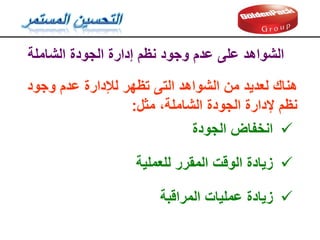 ‫الشاملة‬ ‫الجودة‬ ‫إدارة‬ ‫نظم‬ ‫وجود‬ ‫عدم‬ ‫على‬ ‫الشواهد‬
‫وجود‬ ‫عدم‬ ‫لإلدارة‬ ‫تظهر‬ ‫التى‬ ‫الشواهد‬ ‫من‬ ‫لعديد‬ ‫هنان‬
‫مثل‬ ،‫الشاملة‬ ‫الجودة‬ ‫إلدارة‬ ‫نظم‬
:

‫انخفاض‬
‫الجودة‬

‫زيادة‬
‫للعملية‬ ‫الممرر‬ ‫الولت‬

‫زيادة‬
‫المرالبة‬ ‫عمليات‬
 